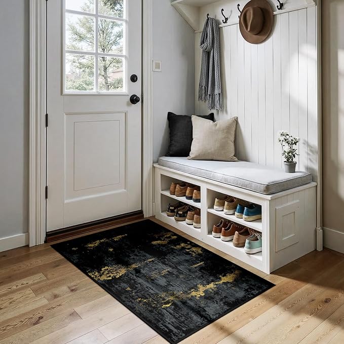 RELEANY Washable 3'x4' Abstract Area Rug for Living Room Black Gold | Carpet for Bedroom, Kitchen, Office, Hallway and Entryway, Printed Pattern, Non‑Slip, Soft, Stain‑Resistant, Easy to Clean