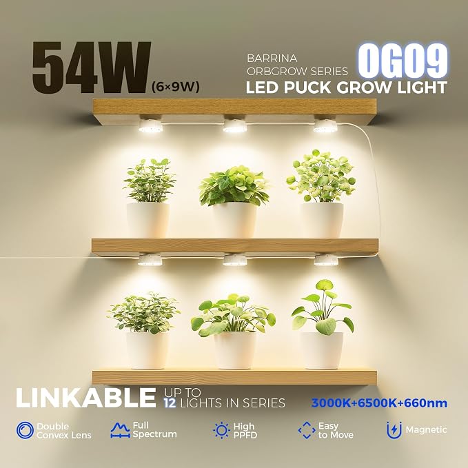 Barrina Orbgrow OG09 Puck LED Grow Light with 660nm Red LEDs, 54W(6 x 9W, 810 Watt Equiv), Plant Lights for Indoor Plants Full Spectrum, Magnetic & Linkable, Small Grow lamp for Plant Shelf, 6 Packs