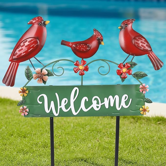 42.5inch Cardinal Garden Stake with Welcome Yard Sign and Metal Flowers for Outdoor Garden Decor, Cardinal Yard Decor for Outdoor Lawn Ornaments