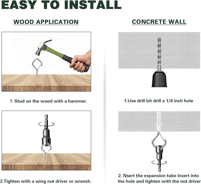 35 PCS 304 Stainless Steel Screw Hooks Kit, Ceiling Hooks for Hanging Plants, String Lights and Wind Chimes, Screw In Hooks with Locking Clip, Outdoor Hanging Hooks with Anchors and Driver Tool