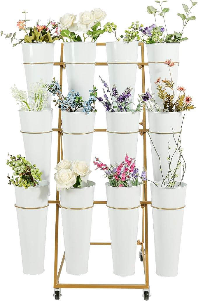 Flower Cart with 12 Metal Buckets, 3 Layers Flower Bar Stand with 360° Swivel Wheels and Brake, Flower Display stand with Iron Bucket, Durable than Plastic Buckets, Flower Holder for Florist or Wedding