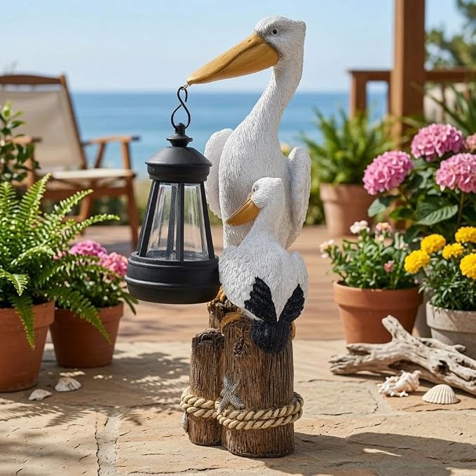 Solar Pelican Garden Statue with LED Lantern, 11.4 Inch Hand-Painted Resin Outdoor Figurine Light for Patio Lawn Yard, Coastal Bird Gift for Women Mom Grandma
