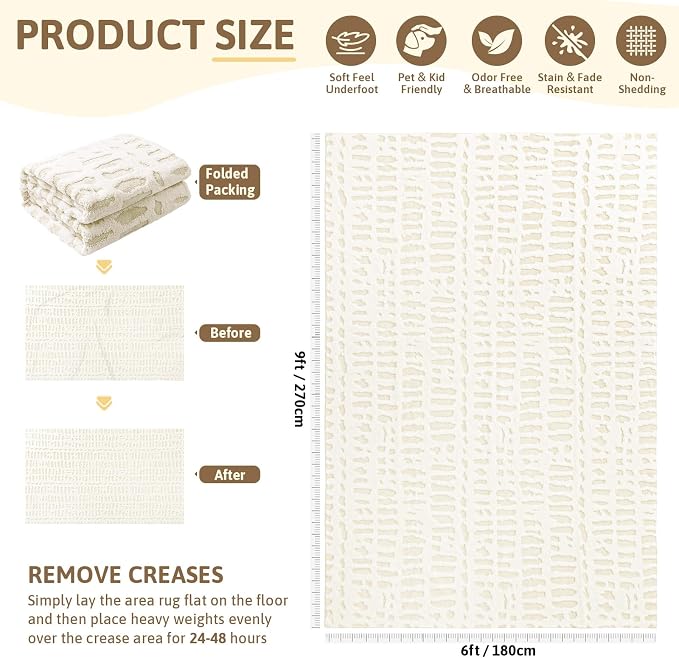 Yamaziot Washable 6x9 Area Rugs for Living Room Non Slip Ivory Beige | Modern High-Low Textured Geometric Pattern, Soft Fluffy, Neutral, Minimalist Floor Carpet for Bedroom Dining Room Kids Room