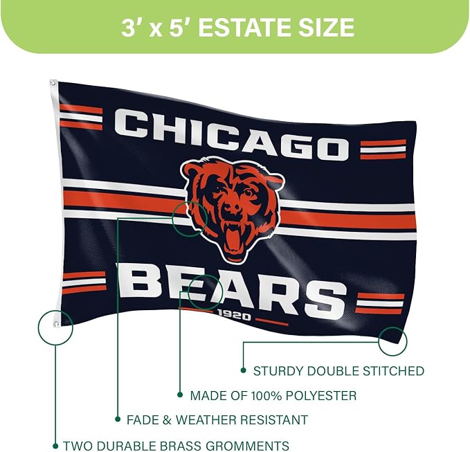 NFL Chicago Bears Vintage Flag | 3 x 5 Estate Flag with Grommets | Heavy Duty Banner for Outdoor Garden Patio Decoration | Indoor Wall Decor for Room | Works with Flag Poles for Outside House (Chicago Bears-Vintage)