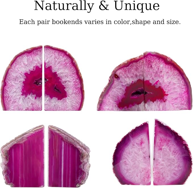 Natural Pink Dyed Agate Geode Bookends - 3 to 4 lb Heavy Duty Rock Crystal Stone Book Ends for Shelves, with Rubber Bumpers, Decorative Book Holders for Home Office