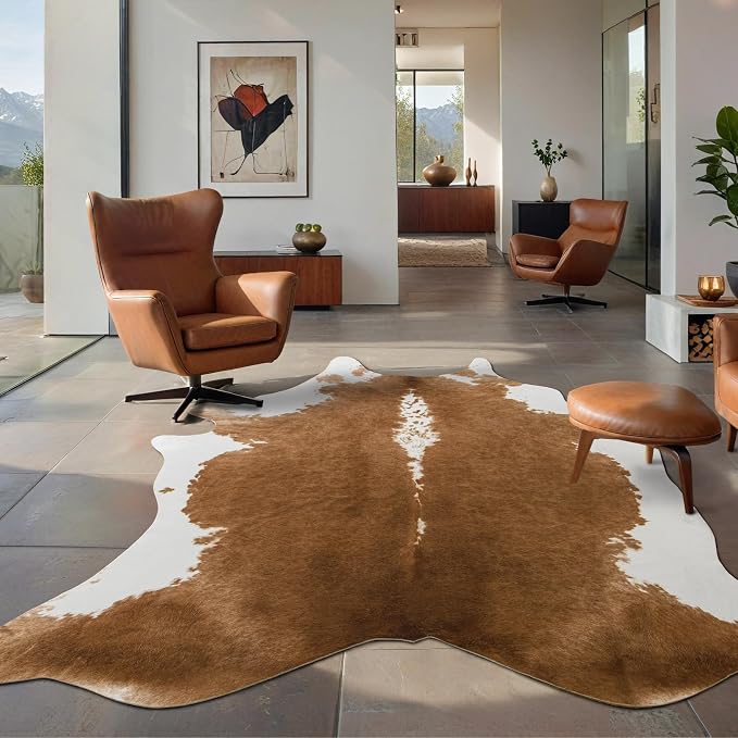 BENRON Faux Cowhide Rug, Cow Print Rug for Living Room Bedroom 4.6x5.2ft | Western cow hide rug for Cowboy Cowgirl Home Decor, Washable Rugs with Irregular Animal Skins and Hides Non Slip, Khaki Brown