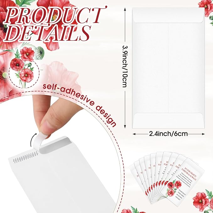 Fumete 120 Pack Poppy Flower Seed Packets Bulk Memorial Day Poppy Coin Envelopes Kraft Small Celebration of Life Funeral Favors for Guests Veterans Day Sentimental Funeral Service Gift, 3.9 x 2.4 Inch