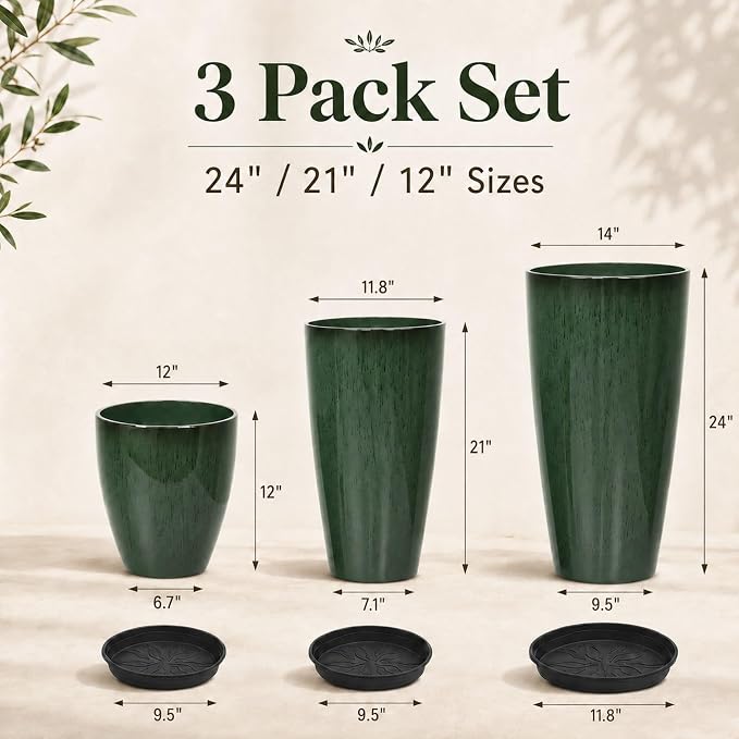 Neoaider Set of 3 Tall Planter, 24/21/12in Large Plastic Planter, DarkGreen | Ceramic-Look, Lightweight, Built-in Drain Hole, Saucers, Tall Outdoor Planter for Porch, Garden, Patio, Balcony