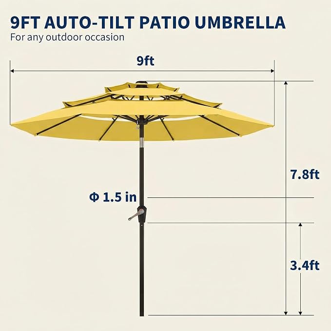 10FT Patio Umbrella 3 Tiers Outdoor Market Umbrella w/Push Button Tilt, Crank, UV and Waterproof Table Umbrella for Garden, Pool, Backyard, Deck, Lawn, Sunshine Yellow