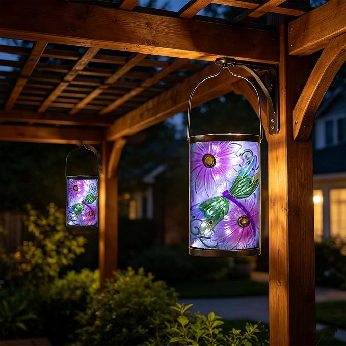 Solar Lantern Outdoor Waterproof Hanging Solar Lights Dragonfly Glass Decorative Lanterns for Outdoor Patio Lawn Outside Yard Garden Decor