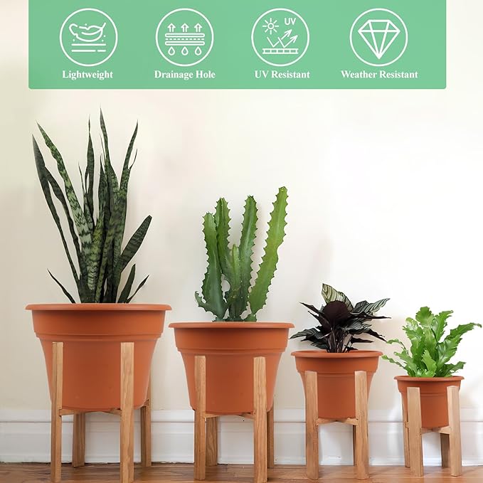 Pottiffe 10 Inch Plastic-Flower-Pot-for-Indoor-Plants, 4 Pack Large Outdoor Planter Pot with Drainage Holes & Saucers, Resin Decorative Garden Pots Planters