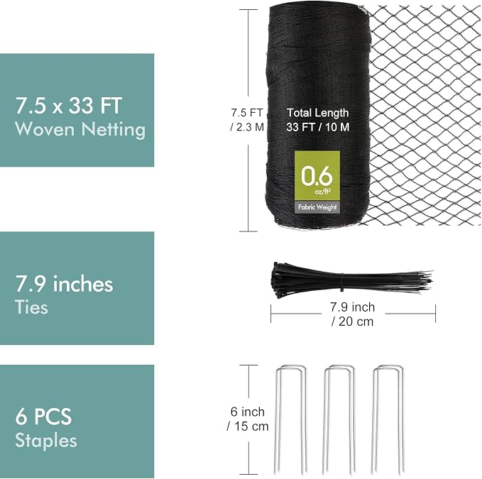 Bird Netting for Garden, Fetanten 7.5 x 33 FT Netting for Garden Protection Vegetables Fruit Trees Blueberry from Birds Deer Poultry, Heavy Duty Woven Mesh Net Animal Fencing with Ties and Staples