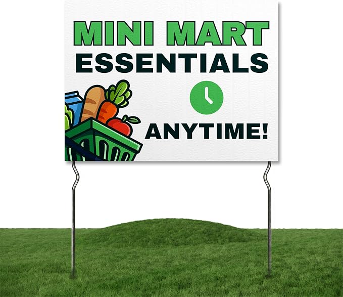 Mini-Mart - Essentials Anytime! Yard Sign by DC | 24"x18" Double Sided Conv. Store Garden Sign with 13” Metal Stakes | Outdoor Signs Waterproof for Lawn, Patio, Sidewalk & House | Set of 4