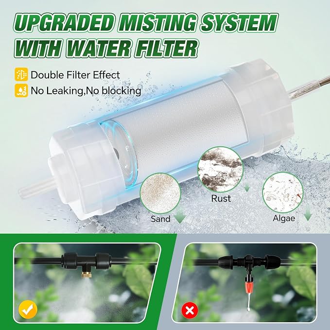 Joyhalo Misters for Outside Patio, Garden Misting System for Cooling Outdoor,50FT Misting Line,17 Mist Nozzles,Water Filter,Brass Adapter(3/4"), Outdoor Misters for Patio, Garden and Greenhouse