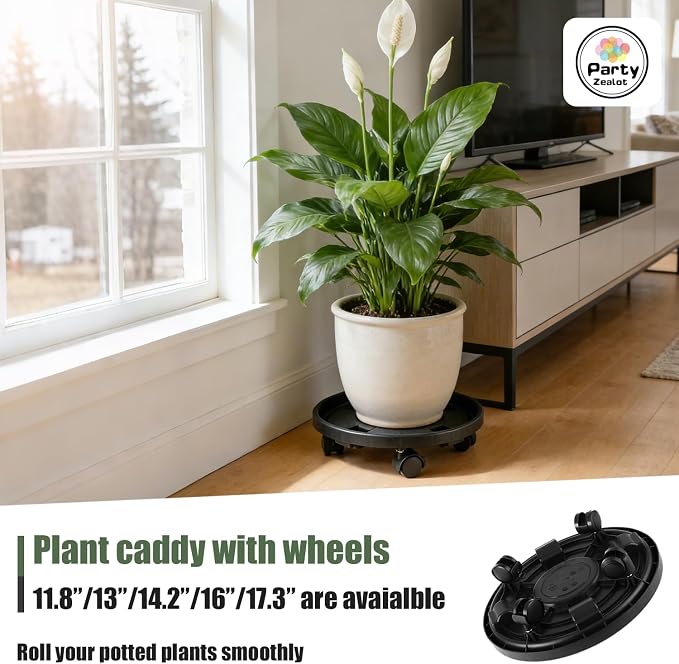 5-pack 14.2" Large Plant Caddy with Wheels Plastic Plant Dolly with Locking Caster Flower Pot Mover Rollers Wheeled Rolling Plant Stands Round Plant Saucer on Wheels Indoor Outdoor Base Coasters Black