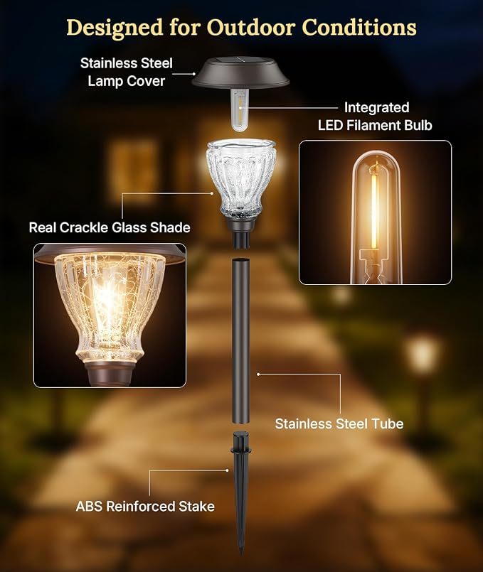 XMCOSY+ Solar Pathway Lights Outdoor, 6 Pack Decorative Crackled Glass Garden Lights, Soft Warm White Glow, Auto On/Off LED Waterproof Landscape Lighting for Yard Walkway Patio