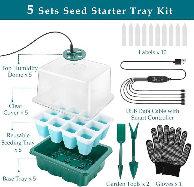 Seed Starter Tray with Grow Light, 60 Flexible Cells 5 PCS Seed Starter Kit, Reusable Seedling Starter Trays with Humidity Dome and High Lid, Germination Trays for Indoor Greenhouse Seed Starter