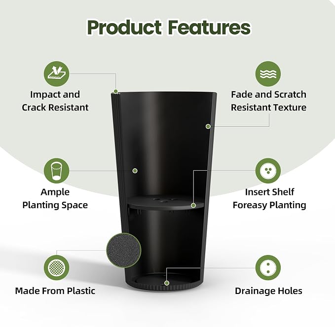23.6" H Tall Planters for Outdoor Plants Set of 2 - Fluted Large Outdoor Planters for Front Porch Decor with Drainage Hole, Plastic Round Conical Flower Pots Fits Indoor Plants Patio, Black