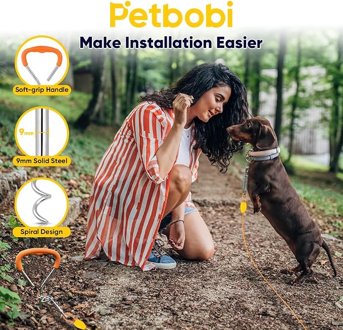 Petbobi Dog Tie-Out Cable and Stake - 20ft Heavy Duty Cable with Spring, No Tangle, 16in Ground Stake, Ideal for Outdoor Yard, Camping, Suitable for Small Medium Large Dogs Up to 120 lbs, Orange