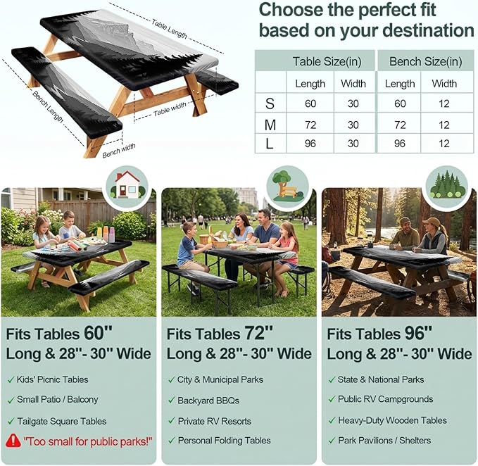 Picnic Table Cover with Bench Covers Camping Essentials Waterproof Windproof Camping Tablecloth with Drawstring Bag, Fitted Rectangle Tables and Seats, 72in, Black White Forest