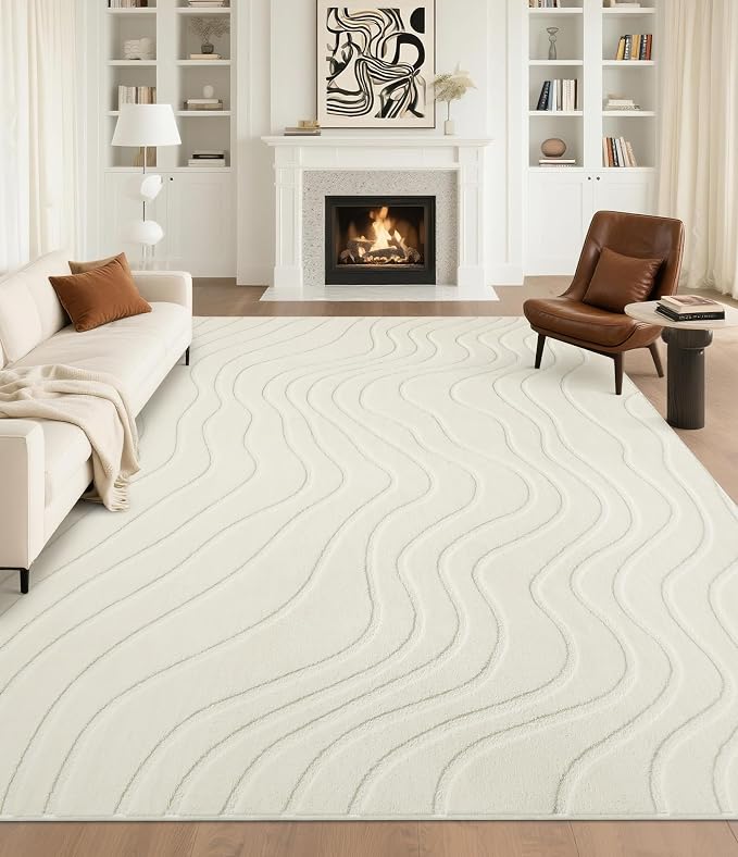 8x10 Abstract Wave Striped Area Rug, Modern Washable High-Low Pile Rug, Soft Textured Carpet for Living Room, Bedroom,Dining Room, Beige Ivory White
