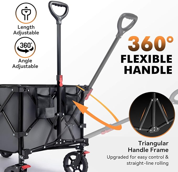 Hikenture Collapsible Wagon 330LBS Capacity, 200L Extra Large Wagons Carts | Utility Wagon for Grocery, Garden, Camping & Sports Gear; One-Hand Fold; 360-Degree Wheels; Built-In Wheel Brake