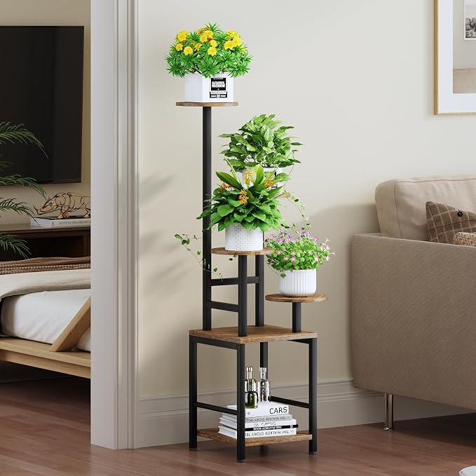 Homsorout Round Plant Stand Indoor with Grow Light, 5-Tiered Tall Plant Stand Indoor, Metal Plant Shelf with Adjustable Light, Ideal for Living Room, Garden, Patio (Black Brown)