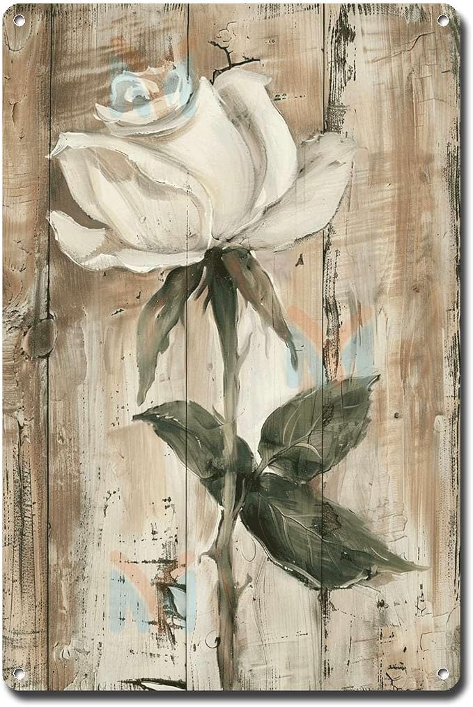 Metal Sign Tin Sign Vintage Wall Art White Rose Vintage Tin Sign for Shabby Chic Interiors Weathered Texture and Corrosion Resistant A Inspirational Wall Art for Bar 12×16 Inches