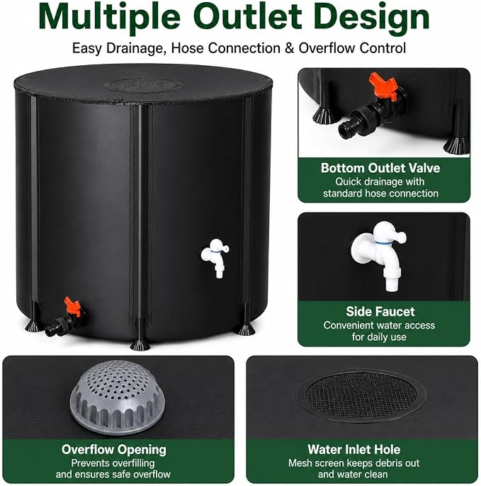 132 Gallon Collapsible Rain Barrel, Portable Rainwater Collection System, Water Storage Tank, Rain Catcher Barrel with Two Spigots and Overflow Kit, Rain Water Barrel Collector for Garden, Black