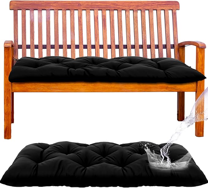Wenqik Outdoor Bench Cushion 48 x 20 x 3 Inch Waterproof Patio Swing Cushion with Removable Zippered Cover Adjustable Ties Seat Pad for Porch Bench Garden Loveseat (Black,Classic)