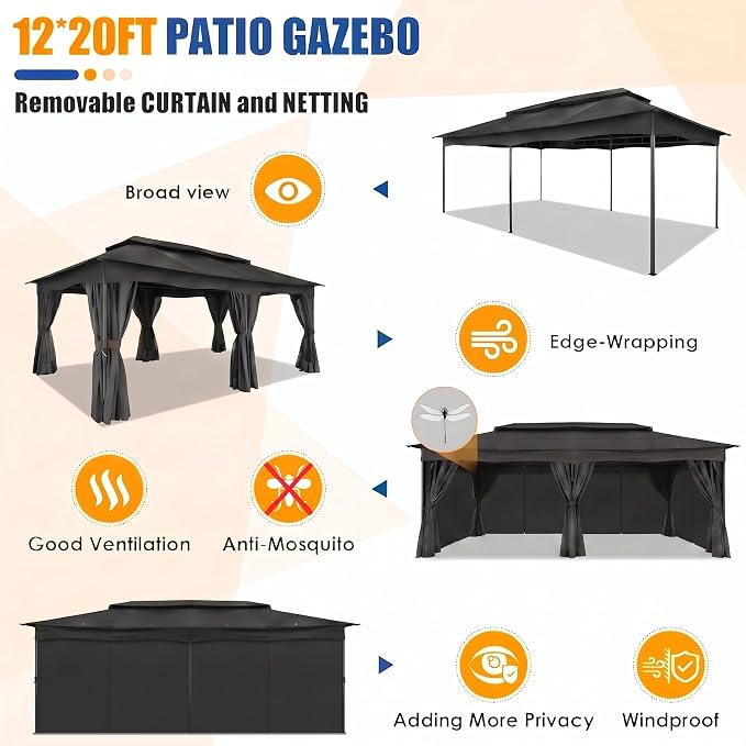 COBIZI Gazebo 12x20 FT Outdoor Gazebo on Clearance with Double Ventilated Arc Roof, Privacy Curtains & Mosquito Netting, Easy Set up Canopy Tent with Stable Metal Frame for Patio Black