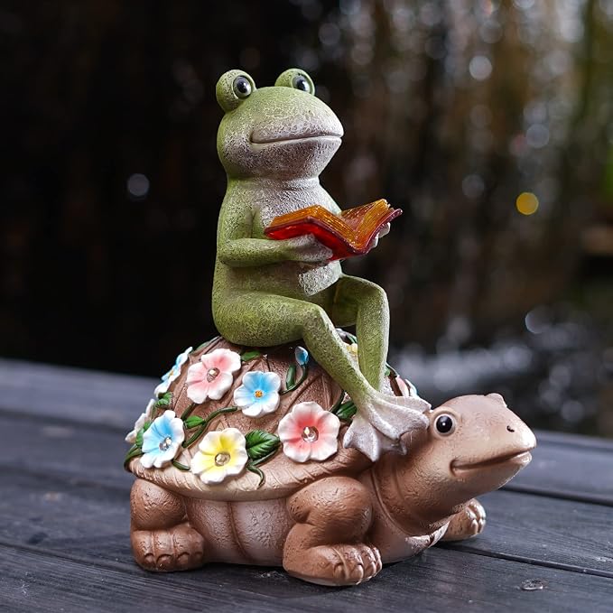 Nacome Solar Frog Riding Turtle Statue for Garden Decor | Outdoor Statues for Patio, Yard, Balcony Ornament, Turtle Gifts for Women/Mom/Grandma, Mom's Best Gift