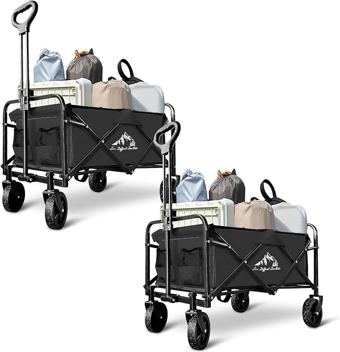 Collapsible Utility Cart Folding Wagon, 320lbs Capacity Lightweight Rolling Cart with Quiet Wheels, Quick-Fold Design for Camping, Shopping, Ourdoor Use,Black 2PCS