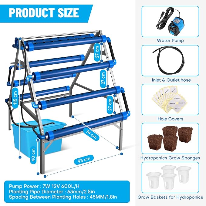 A-Type 72 Plant Sites Hydroponics Growing System Kit with Light Blocking | Easy to Install, Food-Grade PVC-U Pipes, with Water Pump Timer, Sponge and Hole Cover for Leafy Greens, Indoor & Outdoor Use