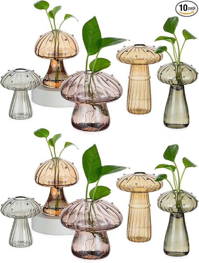Hewory Glass Mushroom Propagation Stations: Set of 10 Unique Propagation Jars Glass Planter for Indoor Plants Home Decor - Amber Mushroom Vase Christmas Birthday Gifts for Plant Lovers Women Girls