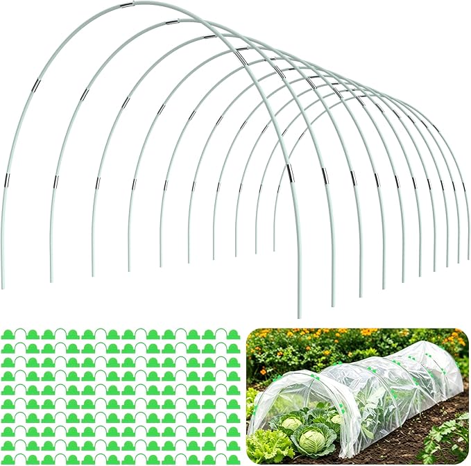 60pcs Greenhouse Hoops for Raised Beds, Fiberglass Garden Hoops Grow Tunnel | 8FT Flexible Fiberglass, Rust-Free Design, 40 Clips, Hoops for Garden Netting Row Cover and Shade Cloth, DIY Plant Support