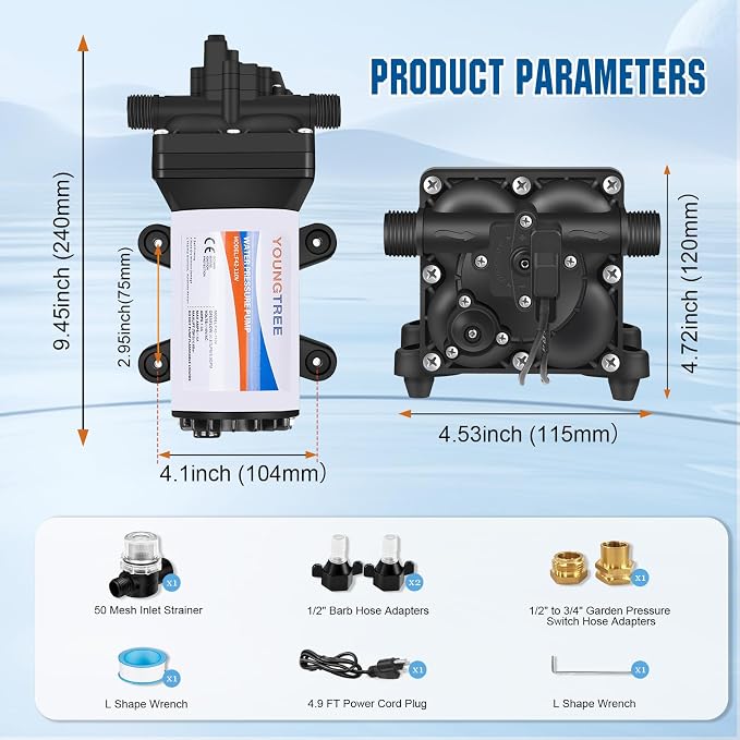 YOUNGTREE 110V AC Fresh Water Pressure Transfer Pump 5.5GPM 70PSI 110Volt On Demand Self-priming Diaphragm Water Pump with Pressure Switch for RV Garden Irrigation Home Car Washing Rain Barrel