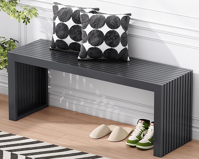 Bamboo Dining Bench, 35'' Slatted Design Entryway Bench, Black | Modern Solid Bamboo Seating Bench for Indoor & Outdoor Use, Ideal for Kitchen, Hallway, Bedroom
