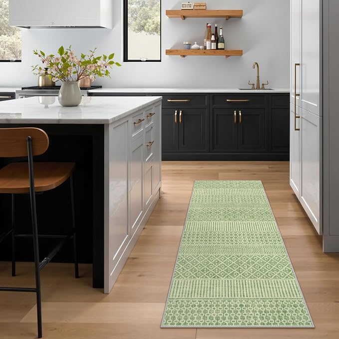 Lahome Farmhouse Washable 2x6 Kitchen Runner Rug, Non-Slip, Sage Green | Boho Textured Neutral, Low-Pile, Geometric Pattern, Modern, Moroccan, Entryway Hallway Runner Kitchen Bathroom Laundry Room