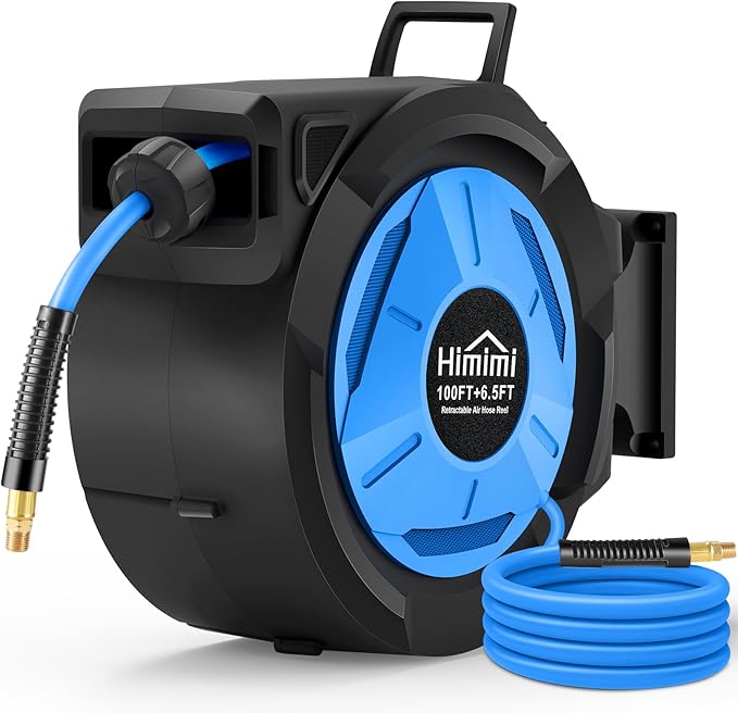 Retractable Air Hose Reel, 3/8" x 100 Ft Hybrid Hose Air Compressor Hose Reel with 6.5 Ft Lead-in Max 300 PSI, Air Hose with Any Length Lock, Automatic Rewind, 180° Swivel Bracket, Quick Coupler