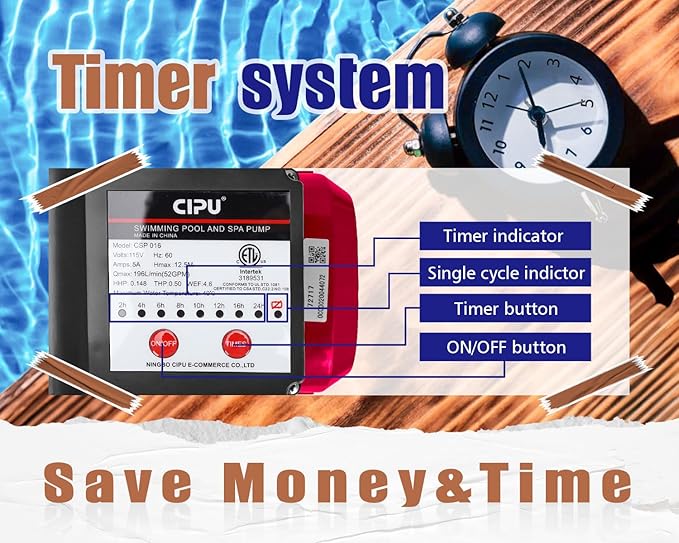 CIPU 1/2 HP Pool Pump with Timer, 3120 GPH, Filter Basket, 115V | Self-priming 3120GPH above ground pool pump includes timer function & hose adapters replacement for sand filter system.