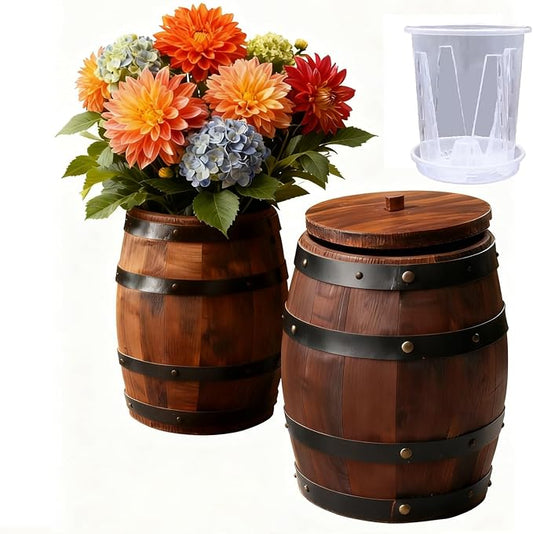 Wood Wine Barrel Vase 6" x 5" – Mini Barrel Rustic Wooden Flower Vase Planter for Wedding Reception, Party Table Decoration,Home Indoor Outdoor Garden, Kitchen,Planting (1)