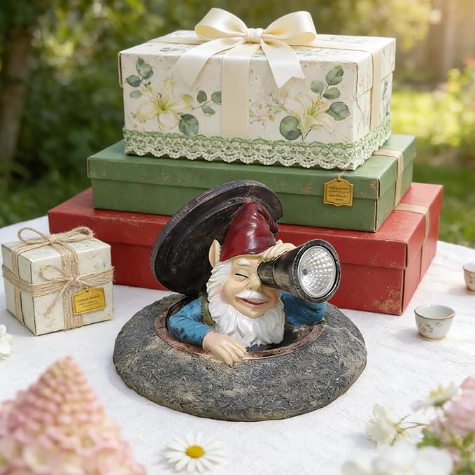 Solar Garden Gnome Outdoor Decor, Funny Gnome Statue Peeking from Manhole Cover, Waterproof Resin Figurine Lights for Yard Lawn Patio, Gift for Women & Garden Lovers