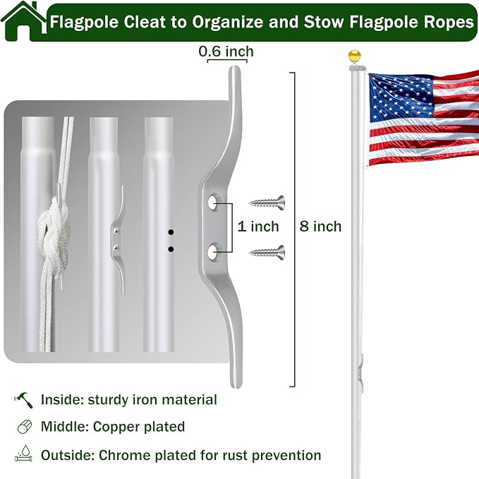 Flag Pole Pulley and Rope kit for 2.3" to 3" Diameter Flag Poles, 50FT Rope, 4" Flag Pole Topper, Cast Aluminum Flag Pole Truck, Metal Snap Clips and Cleat (Gold)