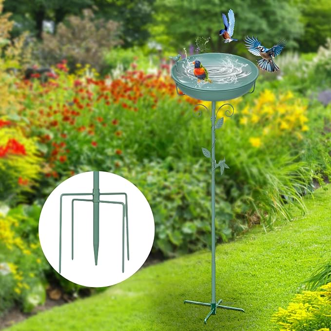 Bird Bath for Outside 38.5 Inch Green Freestanding Garden Birdbath | Metal bird bath with floral scroll 5-Pronged Base Deep large bowl for birds drinking & bathing Yard patio landscape decor