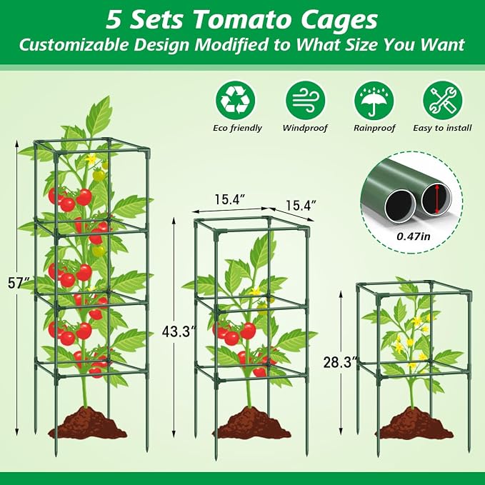 6Pack Tomato Cages for Garden,Square Tomato Plant Cage Support Heavy Duty Pole 57*15.4*15.4 Inches,Steel Plant Tower Stakes,Cherry Tomato Trellis Cucumber for Climbing Vegetables Flowers Fruits-Green