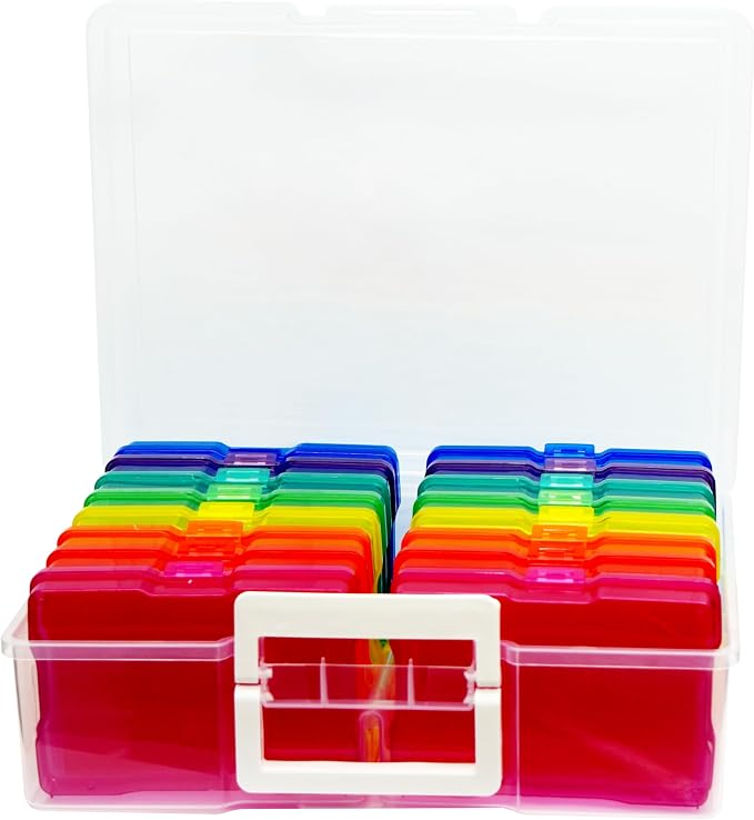 4E's Novelty 16 Pack Clear Multicolor Photo Box for Crafts, Supplies 4x6 Photo Cases & Photobox, Classroom Storage and Organization Box Plastic Transparent for Scrapbooking Container Organizer