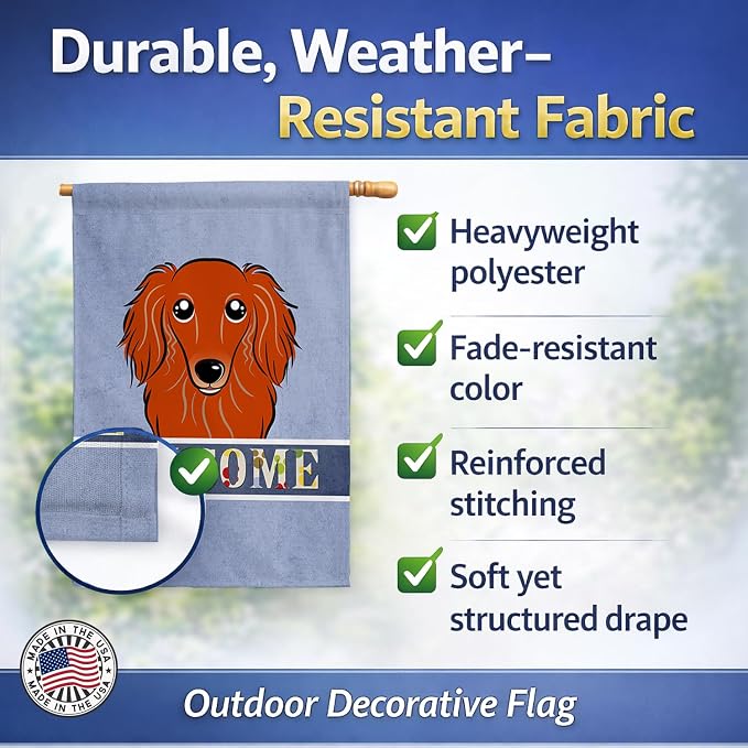 Caroline's Treasures BB1400CHF Longhair Red Dachshund Welcome House Flag, Blue Large Porch Sleeve Pole Decorative Outside Yard Banner Artwork Wall Hanging, Polyester, House Size, Multicolor