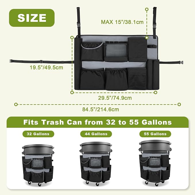 HODRANT 32-55 Gallon Trash Can Caddy Bag with Multi Pockets for Clean Tools | Garbage Bin Apron Caddy, Cleaning Tool Organizer with Adjustable Buckle for Janitorial Trash Can, Black+Gray