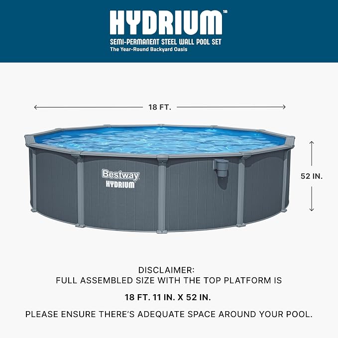 Bestway Hydrium 18' x 52" Steel Side Wall Above Ground Pool with Pump | Semi-Permanent All-Season Pool, Galvanized Steel Frame - Sand Filter Pump, Ladder, and Polysphere Filtration Balls Included